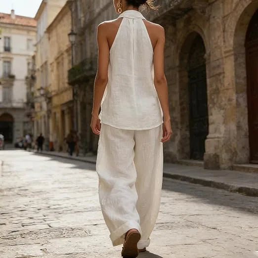 Niamh Linen-Texture Halter Set – White – back, walking street