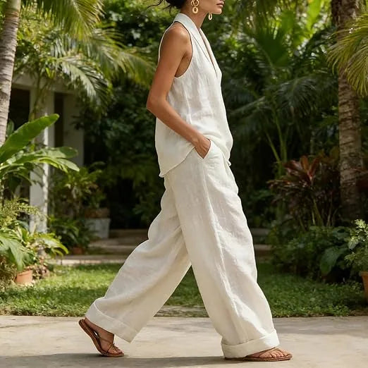 Niamh Linen-Texture Halter Set – White – front, walking, garden