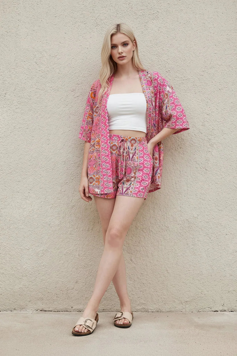 Ragnhild Floral Kimono & Shorts Set – Pink – front, standing