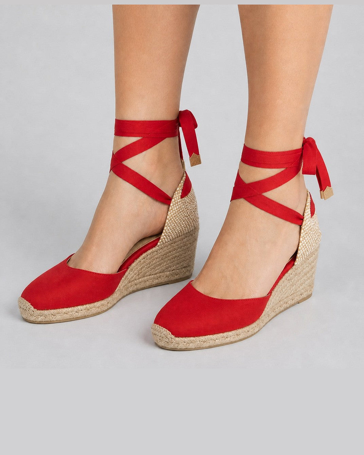 Severine Closed-Toe Sandals for Women - Ankle-Tie Jute Wedge Summer Sandals - Red