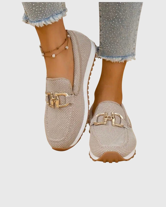 Sofie Slip-On Mesh Loafers for Women - Horsebit Lug Sole Summer Loafers - Beige