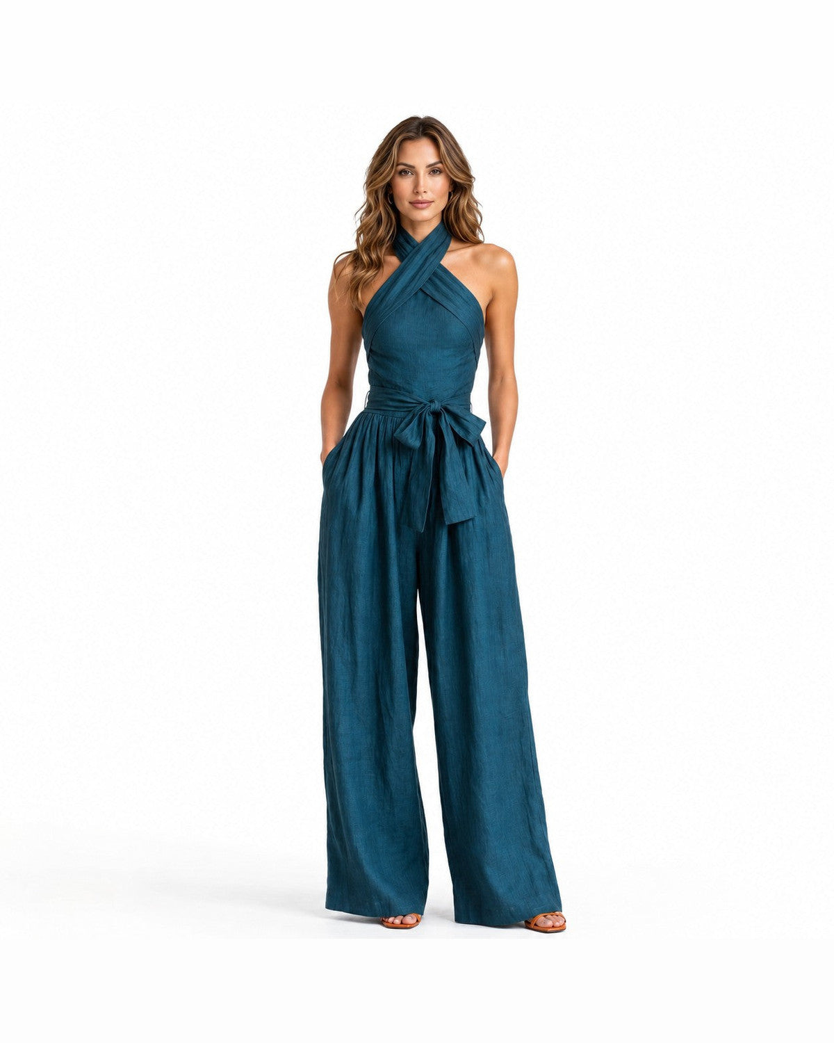 Sybil Cross-Halter Jumpsuit for Women - Wide-Leg Summer Jumpsuit - Blue