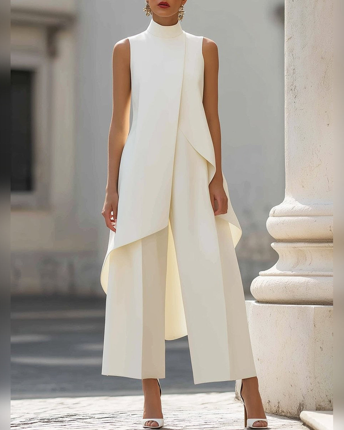 Tabitha Two-Piece Set for Women - High Neck Asymmetric Top & Wide Leg Trousers Summer Set - White