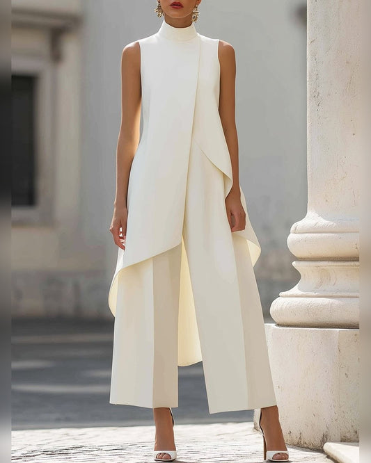 Tabitha Two-Piece Set for Women - High Neck Asymmetric Top & Wide Leg Trousers Summer Set - White