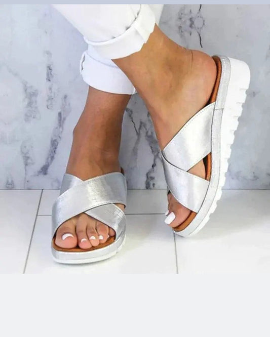 Tessa Cross-Strap Sandals for Women - Platform Comfort Orthopaedic Summer Sandals - Silver