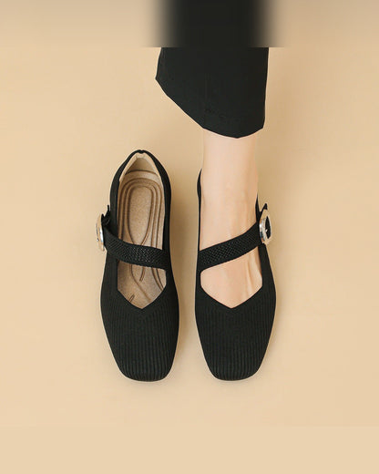 Ulrika Square Toe Flats for Women - Knit Mary Jane Summer Flats - Black