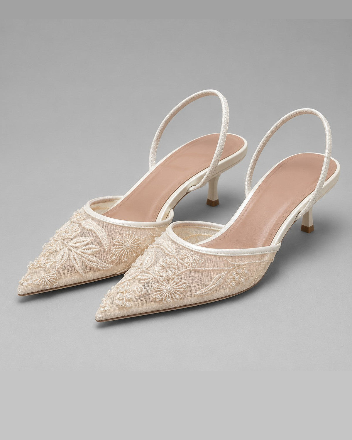 Vendela Embroidered Slingback Heels for Women - Mesh Kitten Heel Summer Heels - White