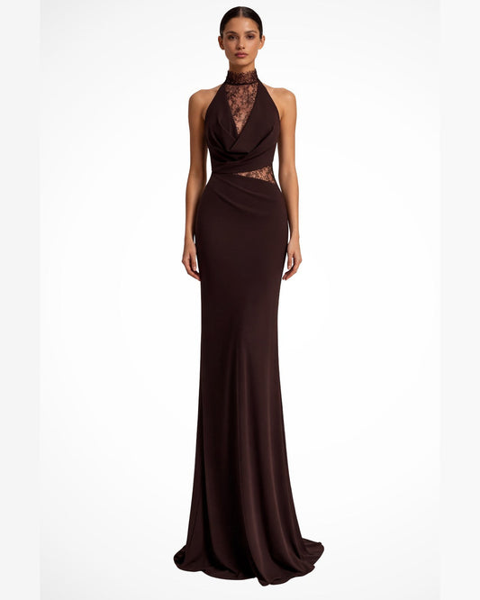 Veronique Halter Neck Maxi Dress for Women - Lace Panel Column Summer Dress - Espresso Brown