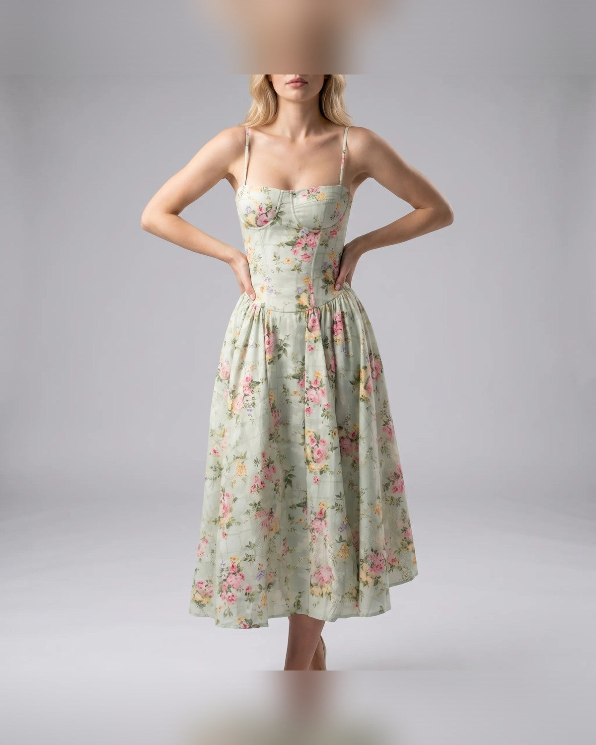 Yvonne Floral Midi Dress for Women - Print Sleeveless Summer Dress - Light Green