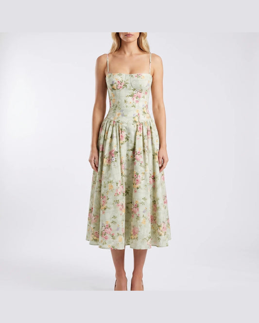 Yvonne Floral Midi Dress for Women - Print Sleeveless Summer Dress - Light Green